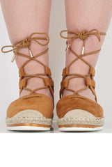 Camel Suede Lace Up Espadrilles - Marisa-Shoes