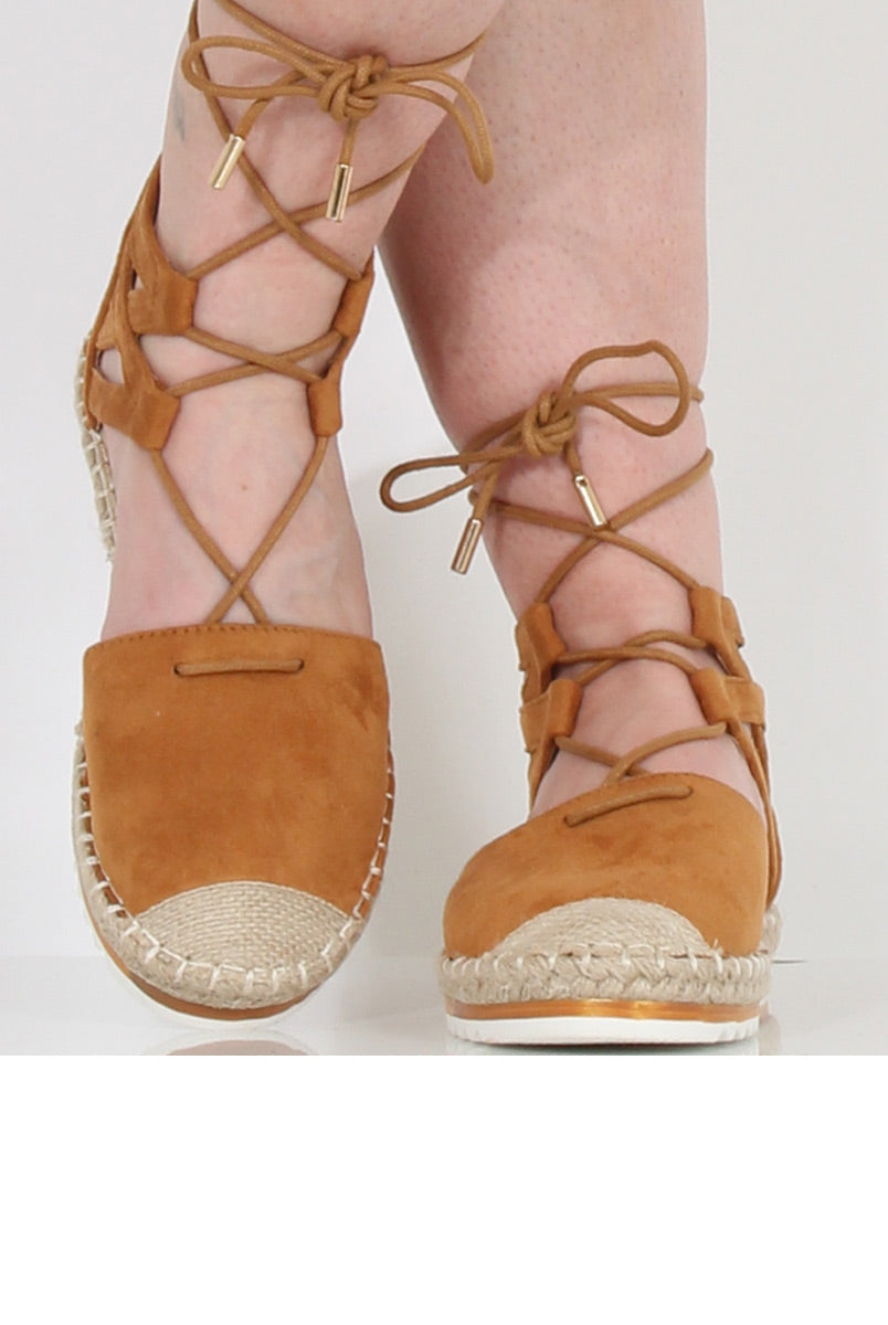 Camel Suede Lace Up Espadrilles - Marisa-Shoes