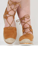 Camel Suede Lace Up Espadrilles - Marisa-Shoes