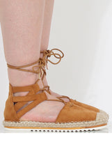 Camel Suede Lace Up Espadrilles - Marisa-Shoes