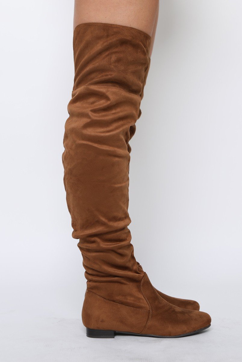 Camel Suede Split Back Flat Over The Knee Boots - Cersei-Boots
