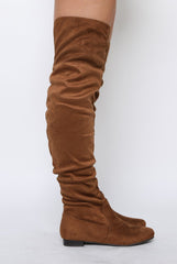 Camel Suede Split Back Flat Over The Knee Boots - Cersei-Boots