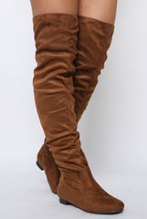 Camel Suede Split Back Flat Over The Knee Boots - Cersei-Boots