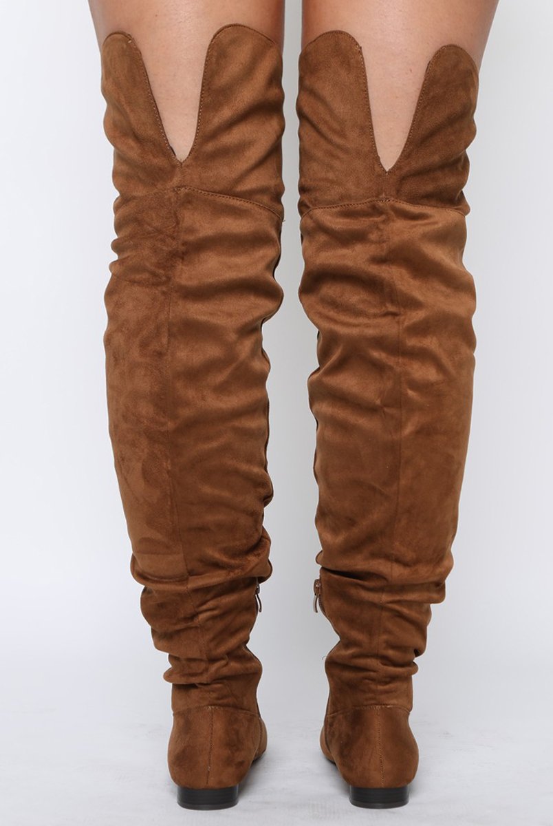 Camel Suede Split Back Flat Over The Knee Boots - Cersei-Boots