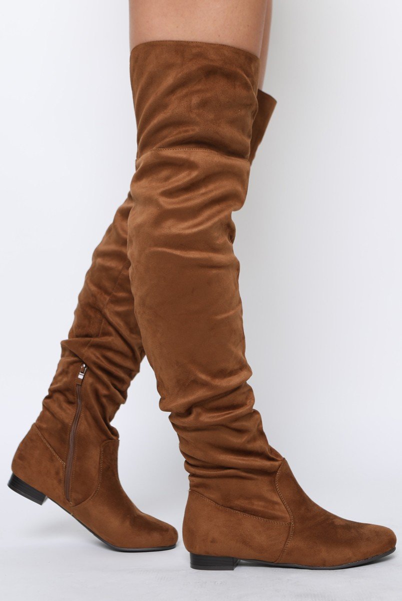 Camel Suede Split Back Flat Over The Knee Boots Cersei