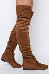 Camel Suede Split Back Flat Over The Knee Boots - Cersei-Boots