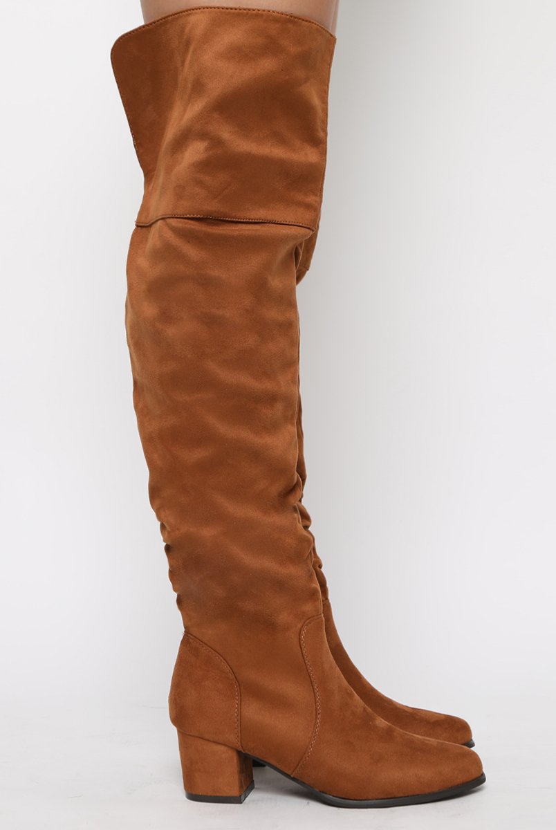 Camel Suede Split Back Heeled Knee High Boots - Reyna-Boots