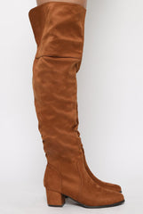 Camel Suede Split Back Heeled Knee High Boots - Reyna-Boots