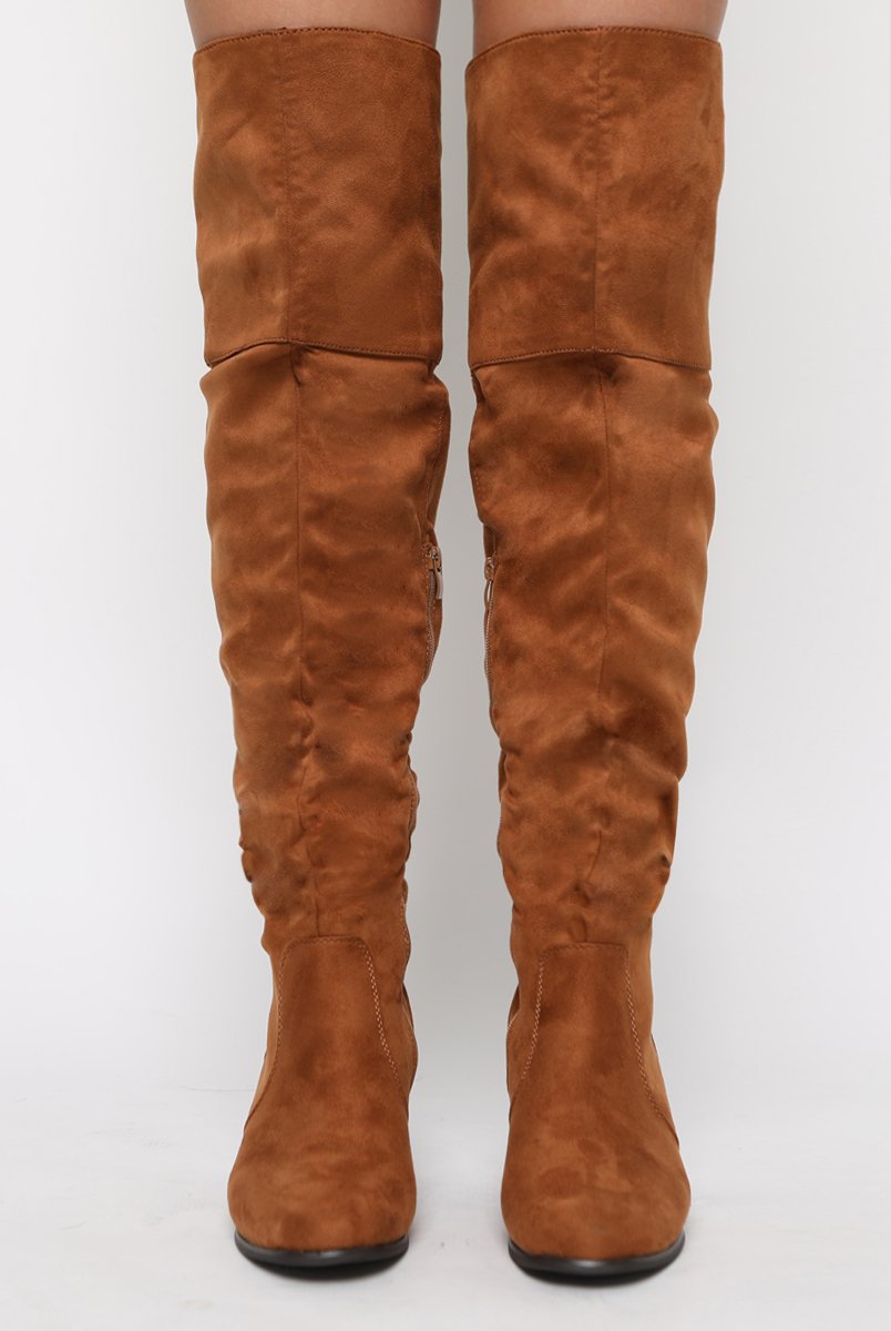 Camel Suede Split Back Heeled Knee High Boots - Reyna-Boots