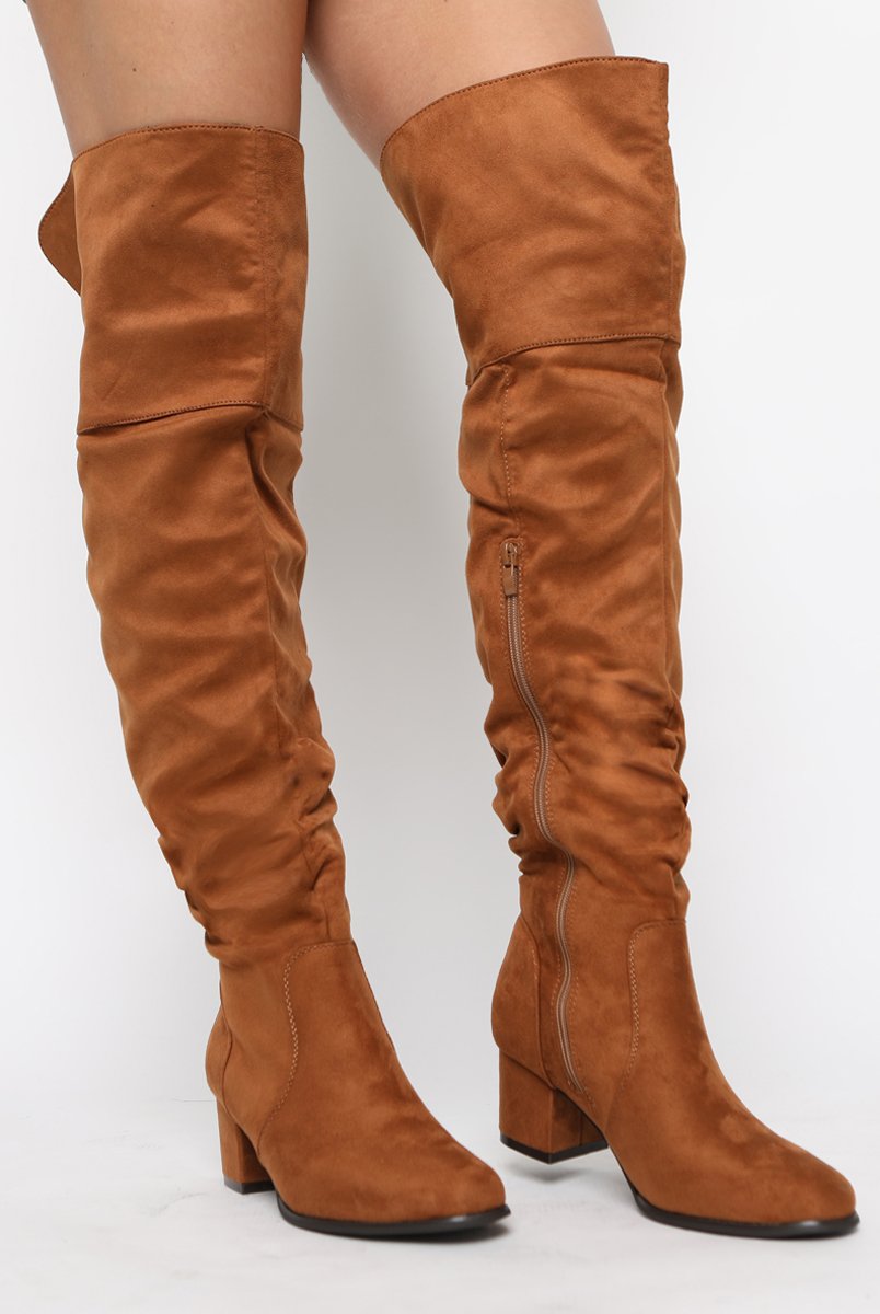 Camel Suede Split Back Heeled Knee High Boots - Reyna-Boots