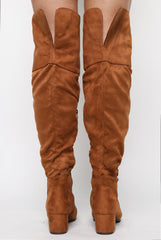 Camel Suede Split Back Heeled Knee High Boots - Reyna-Boots