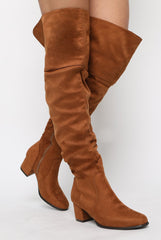 Camel Suede Split Back Heeled Knee High Boots - Reyna-Boots