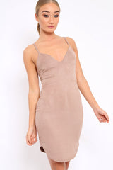 Camel Suedette Curved Hem Bodycon Dress - Henley-Dresses