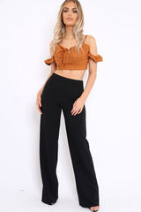 Camel Suedette Frill Cold Shoulder Crop Top - Jacklynn-Crop Tops