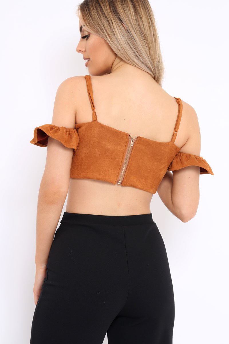 Camel Suedette Frill Cold Shoulder Crop Top - Jacklynn-Crop Tops