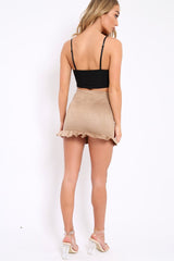 Camel Suedette Frill Hem Mini Skirt - Misse-Skirts