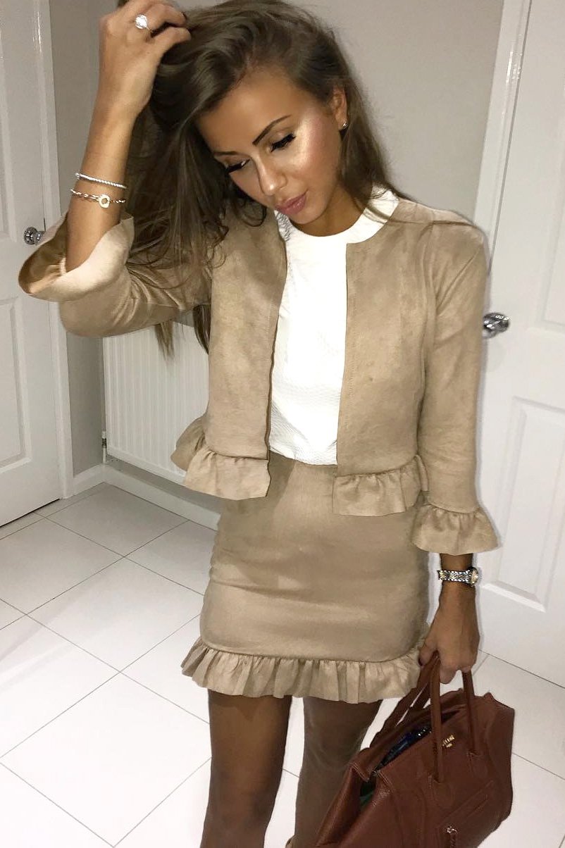 Camel Suedette Frill Hems Jacket - Elsa-Jackets