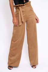 Camel Suedette Paper Bag Tie Waist Wide Leg Trousers - Kennedy-Trousers