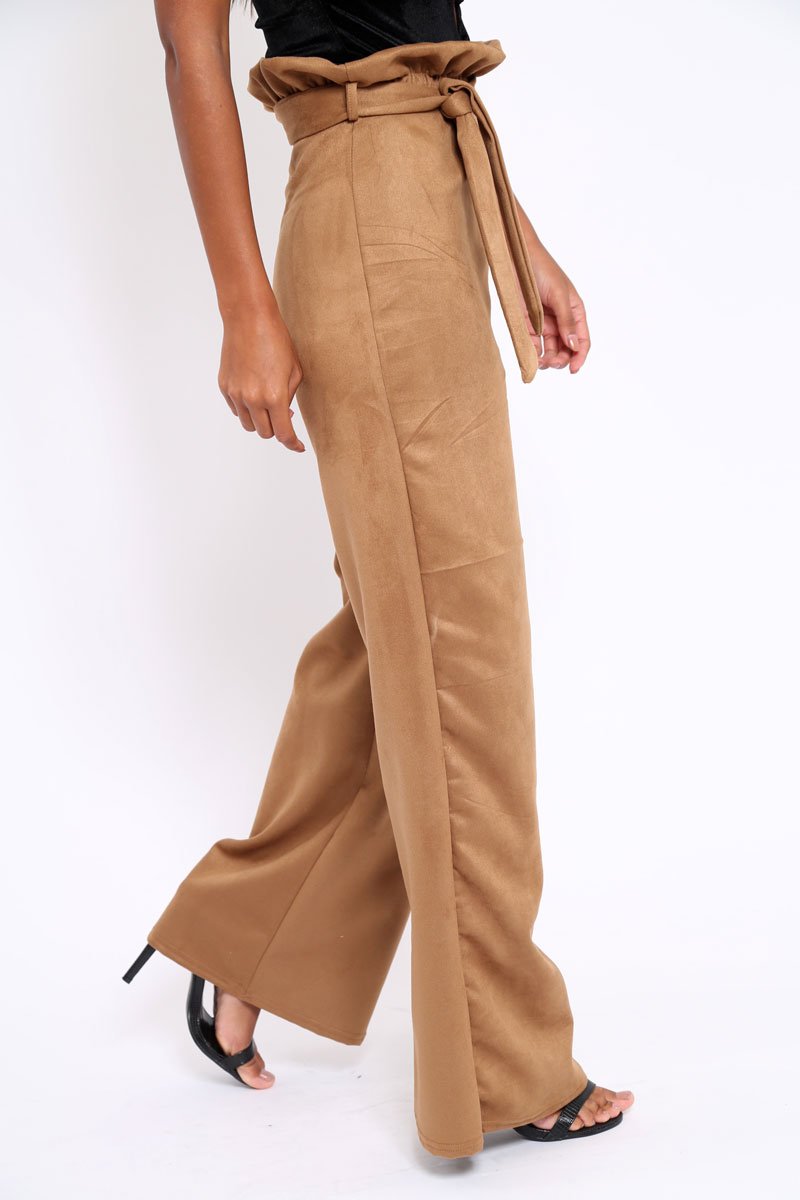 Camel Suedette Paper Bag Tie Waist Wide Leg Trousers - Kennedy-Trousers