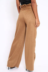 Camel Suedette Paper Bag Tie Waist Wide Leg Trousers - Kennedy-Trousers