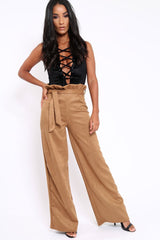 Camel Suedette Paper Bag Tie Waist Wide Leg Trousers - Kennedy-Trousers
