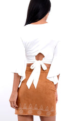 Camel Suedette Skirt with Embroidered Detailing - Marie-Skirts