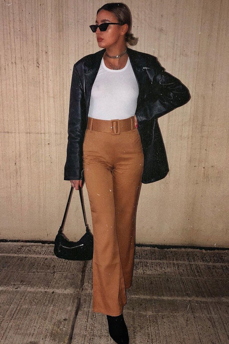 Camel Tailored Wide Leg Belted Trousers - Chenelle-Trousers