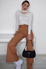 Camel Tailored Wide Leg Belted Trousers - Chenelle-Trousers