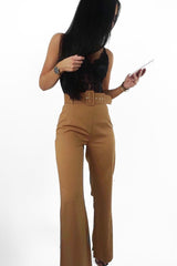 Camel Tailored Wide Leg Belted Trousers - Chenelle-Trousers