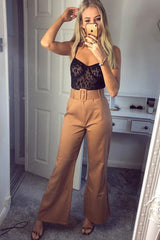 Camel Tailored Wide Leg Belted Trousers - Chenelle-Trousers