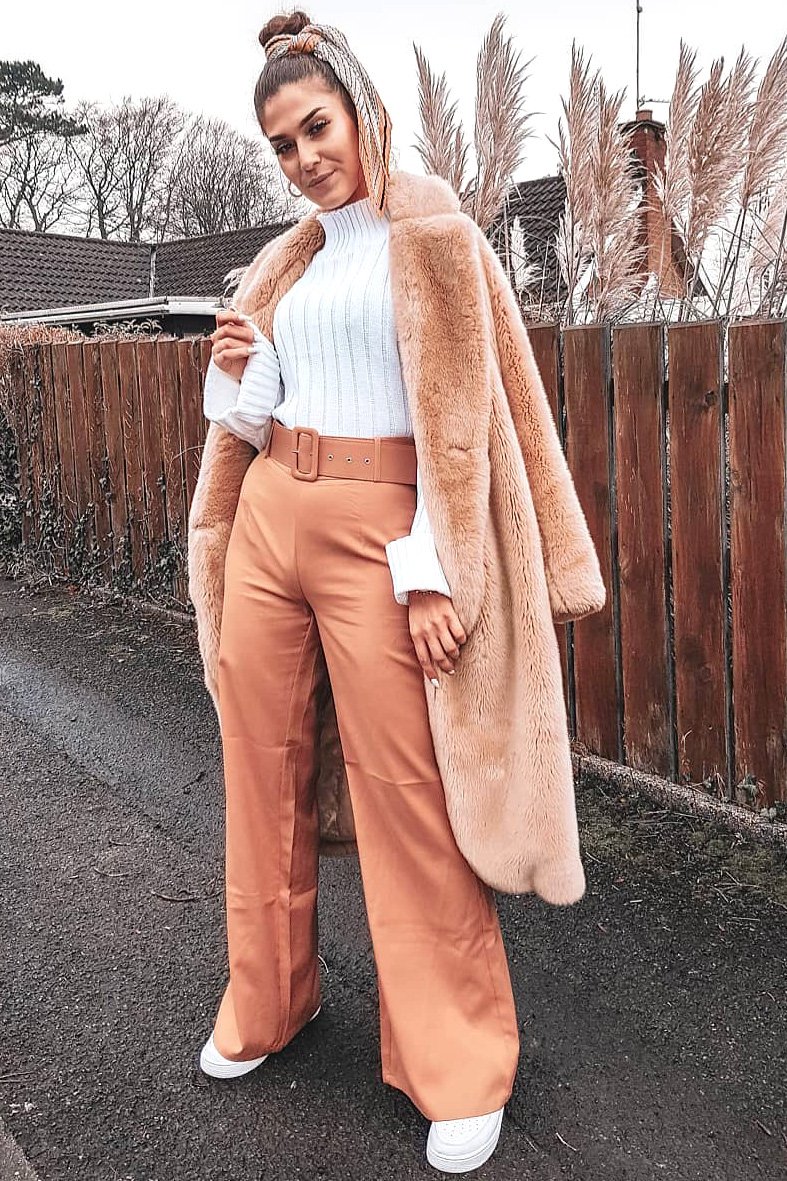 Camel Tailored Wide Leg Belted Trousers - Chenelle-Trousers
