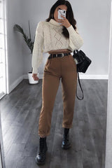 Camel Tapered Belted Cigarette Trousers - Myasia-Trousers