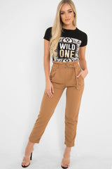 Camel Tapered Belted Cigarette Trousers - Myasia-Trousers