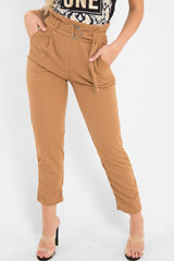 Camel Tapered Belted Cigarette Trousers - Myasia-Trousers