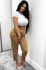 Camel Tapered Belted Cigarette Trousers - Myasia-Trousers