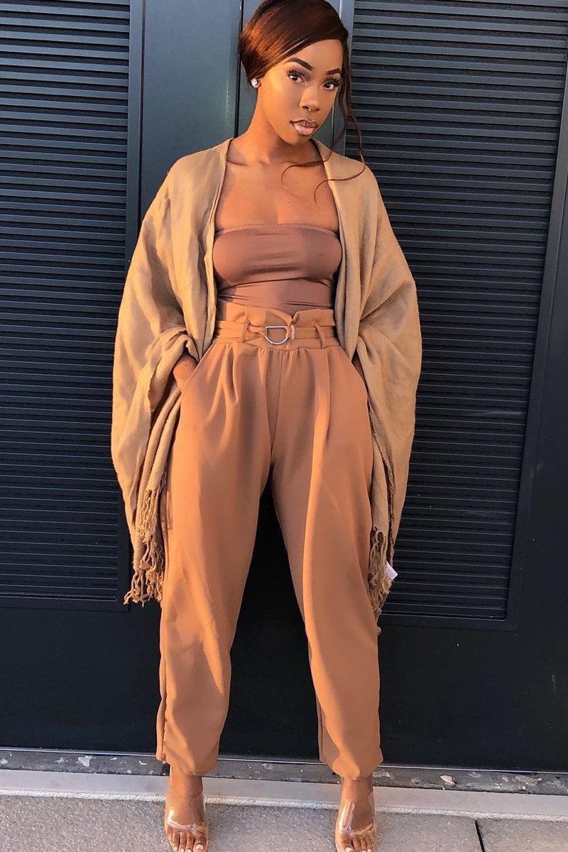 Camel Tapered Belted Cigarette Trousers - Myasia-Trousers
