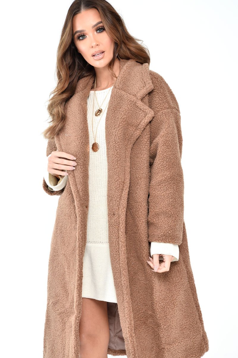 Camel Teddy Long Double Breasted Coat - Miriam-Coats