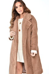 Camel Teddy Long Double Breasted Coat - Miriam-Coats