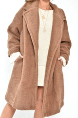 Camel Teddy Long Double Breasted Coat - Miriam-Coats
