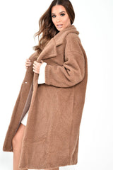 Camel Teddy Long Double Breasted Coat - Miriam-Coats
