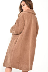 Camel Teddy Long Double Breasted Coat - Miriam-Coats