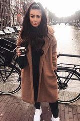 Camel Teddy Long Double Breasted Coat - Miriam-Coats