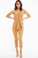 Camel Tie Waist Sleeveless Jumpsuit - Tamya-Jumpsuits