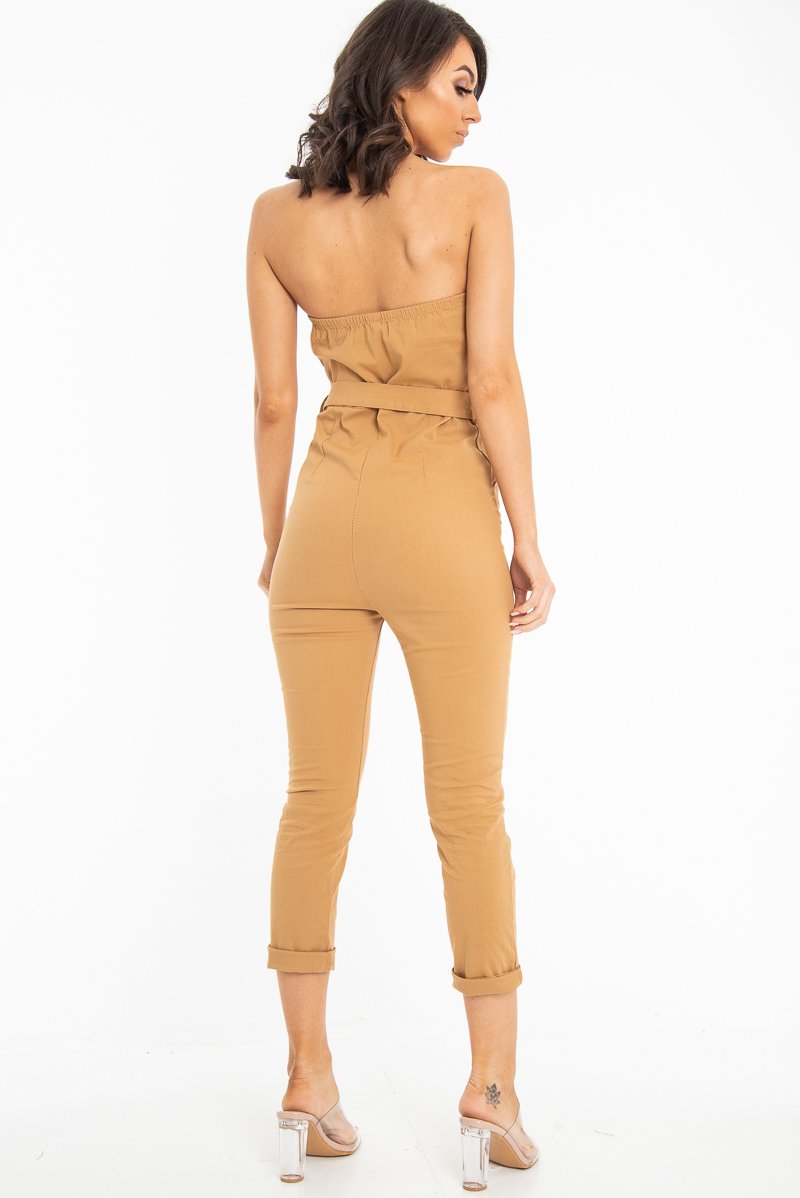 Camel Tie Waist Sleeveless Jumpsuit - Tamya-Jumpsuits