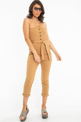 Camel Tie Waist Sleeveless Jumpsuit - Tamya-Jumpsuits
