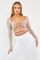 Camel Tie Wrap Front Ring Detail Crop Top - Taylor-Crop Tops