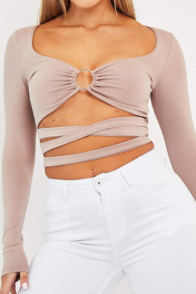 Camel Tie Wrap Front Ring Detail Crop Top - Taylor-Crop Tops