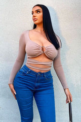 Camel Tie Wrap Front Ring Detail Crop Top - Taylor-Crop Tops