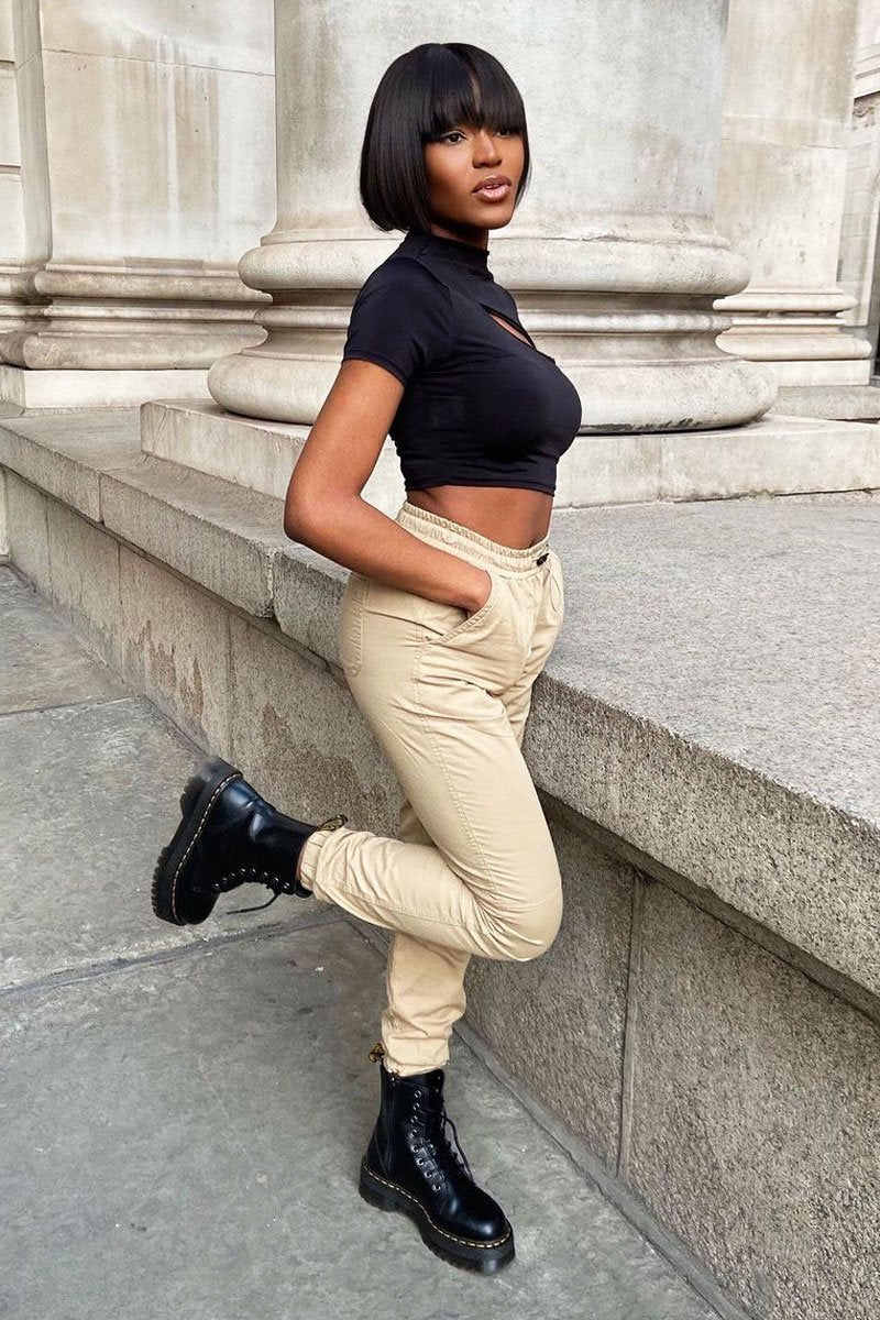 Camel Twill Cargo Trousers - Helina-Trousers