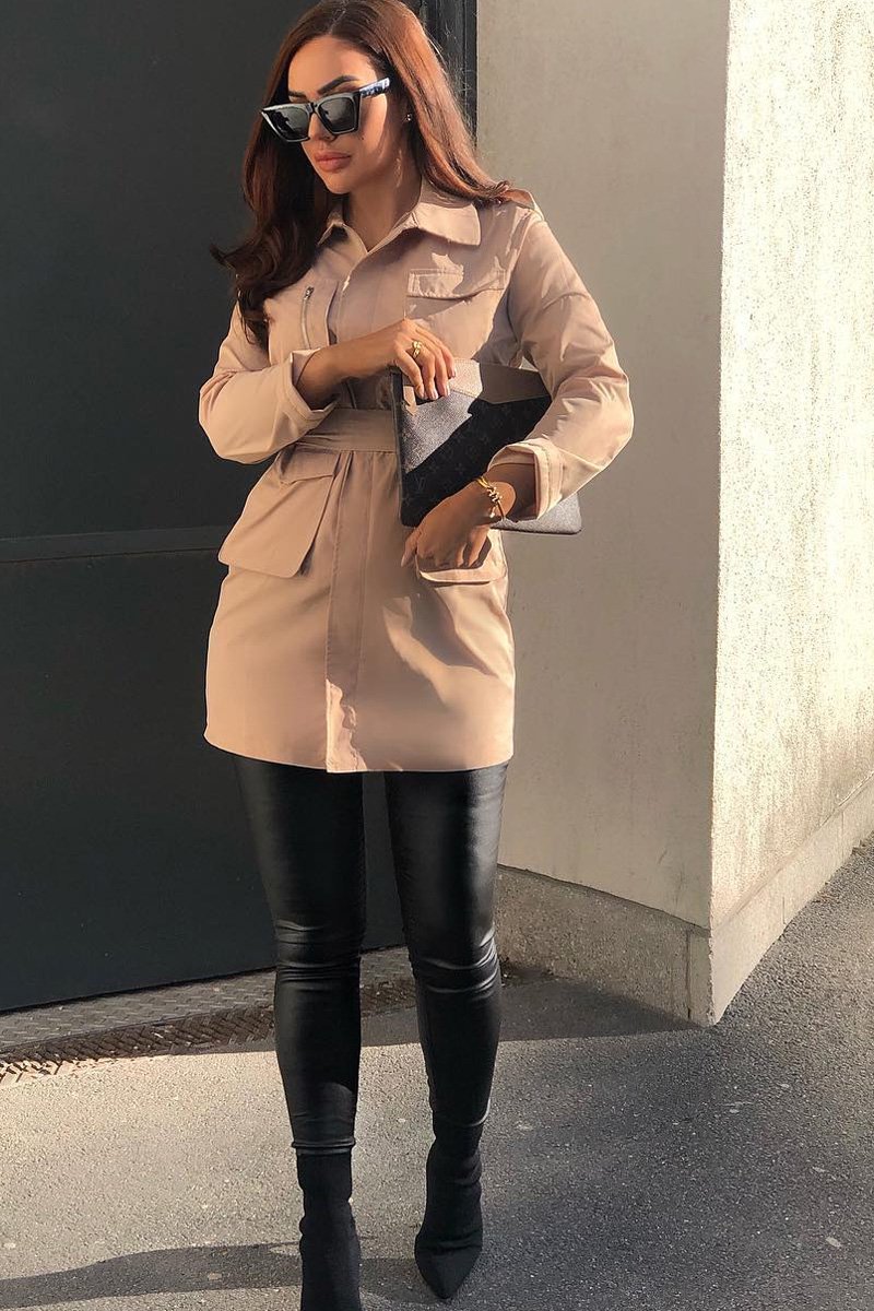 Camel Utility Belted Zip Front Shirt Dress - Meliyah-Dresses